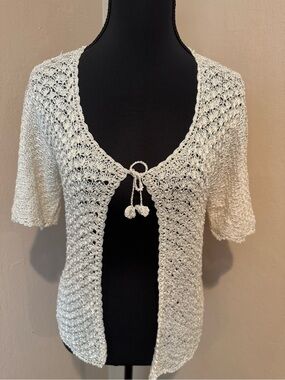 Classic Ivory Crochet Tie-Front Sweater with Pearl Beading Throughout The Front
